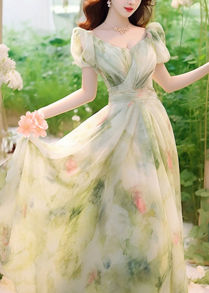 Novelty Green Print High Waist Chiffon Long Dresses Summer KJ021 ZS-SDL240715