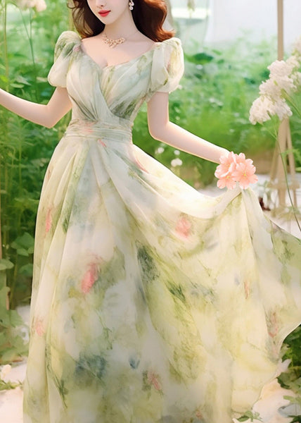 Novelty Green Print High Waist Chiffon Long Dresses Summer KJ021 ZS-SDL240715