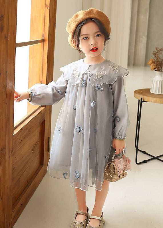 Novelty Grey Butterfly Embroideried Tulle Girls Long Dress Long Sleeve SS1064 MM-RCTZ-FDL240601