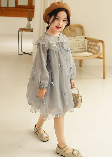 Novelty Grey Butterfly Embroideried Tulle Girls Long Dress Long Sleeve SS1064 MM-RCTZ-FDL240601