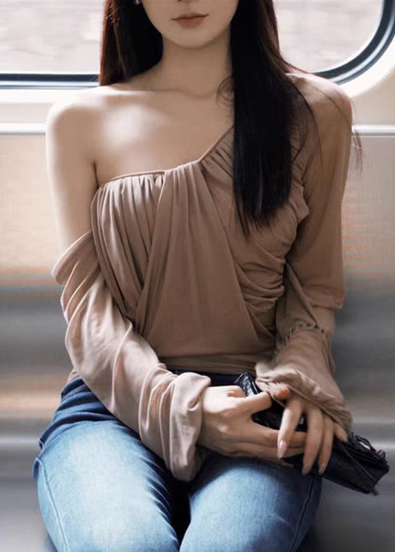 Sleeve Tops Wrinkled One Tulle Khaki Lantern Novelty Shoulder FashionChic