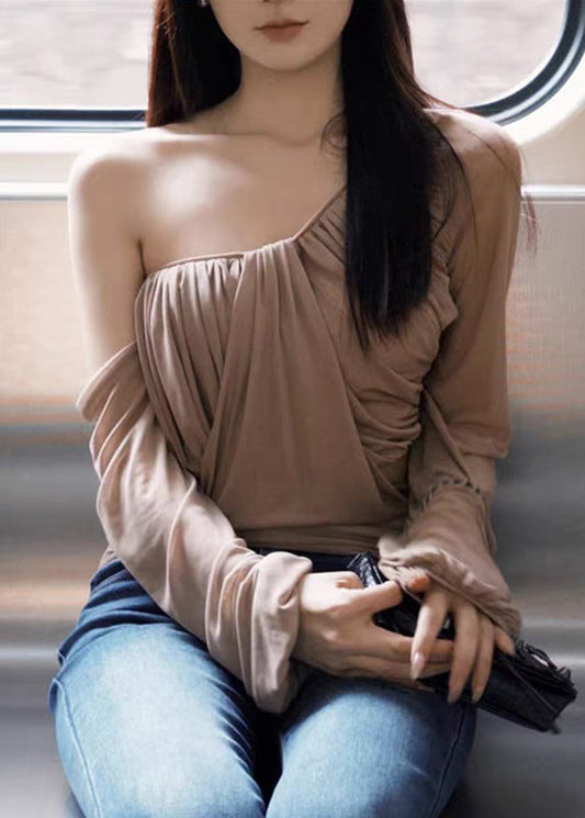 Sleeve Tops Wrinkled One Tulle Khaki Lantern Novelty Shoulder FashionChic