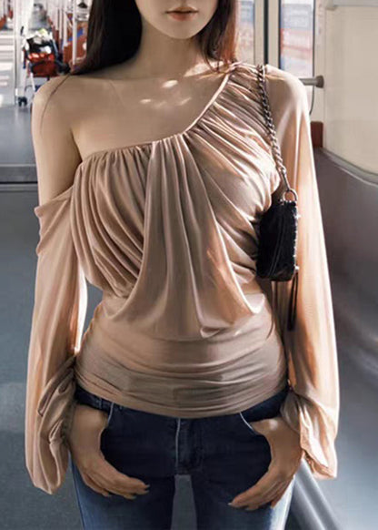 Sleeve Tops Wrinkled One Tulle Khaki Lantern Novelty Shoulder FashionChic