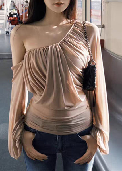Sleeve Tops Wrinkled One Tulle Khaki Lantern Novelty Shoulder FashionChic
