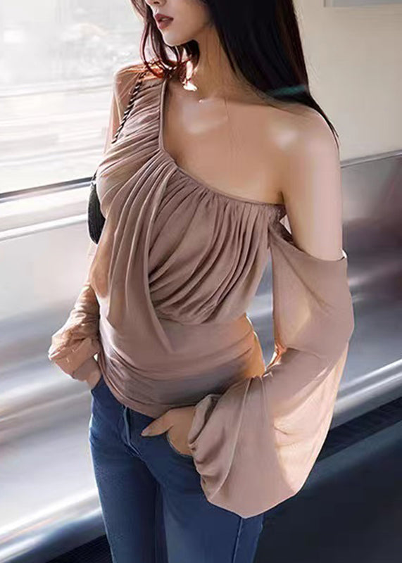 Sleeve Tops Wrinkled One Tulle Khaki Lantern Novelty Shoulder FashionChic