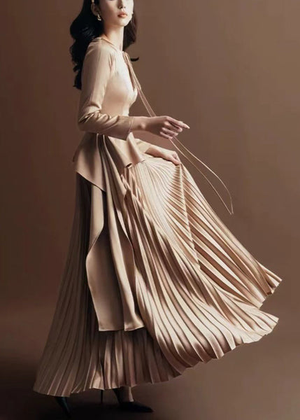 Lace Silk Khaki Novelty Up Dress Wrinkled Long Fall FashionChic