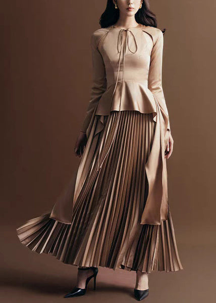 Lace Silk Khaki Novelty Up Dress Wrinkled Long Fall FashionChic