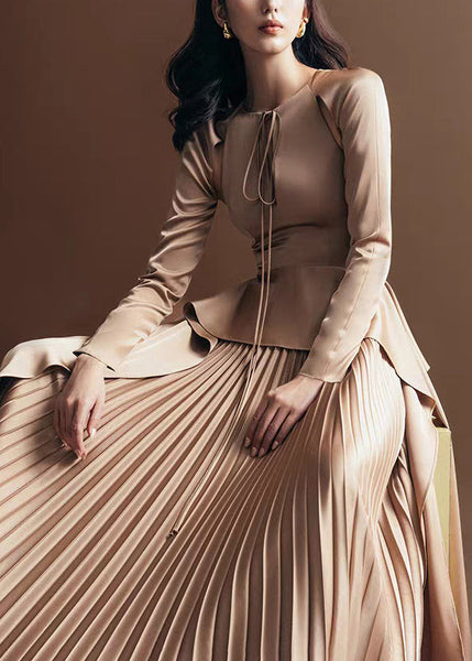 Lace Silk Khaki Novelty Up Dress Wrinkled Long Fall FashionChic