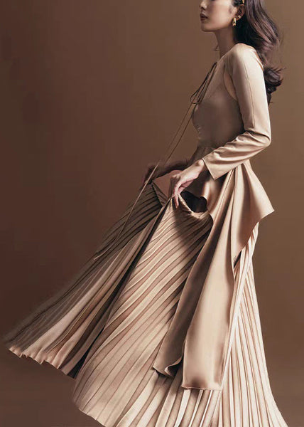 Lace Silk Khaki Novelty Up Dress Wrinkled Long Fall FashionChic