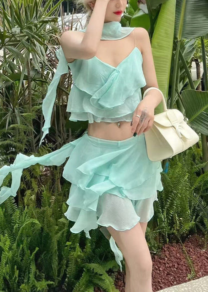 Novelty Light Blue V Neck Ruffled Chiffon Two Pieces Set Sleeveless EE1062 SH-LF-TPIEC240517