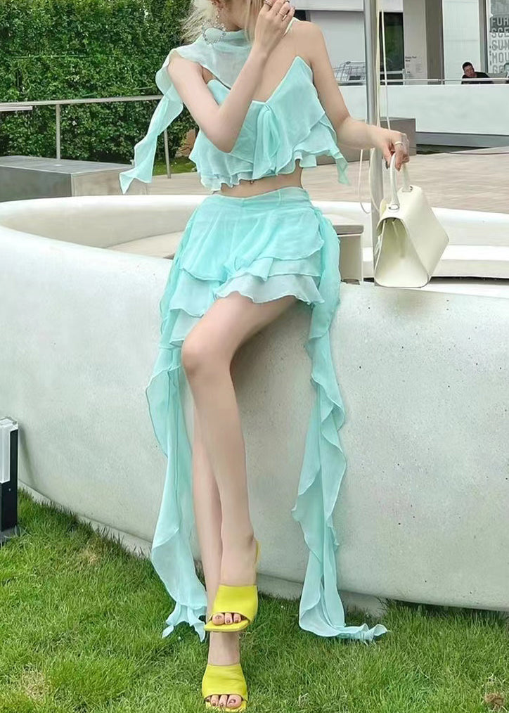 Novelty Light Blue V Neck Ruffled Chiffon Two Pieces Set Sleeveless EE1062 SH-LF-TPIEC240517