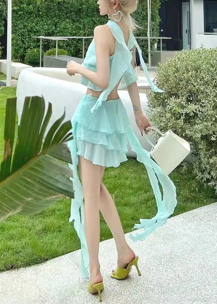 Novelty Light Blue V Neck Ruffled Chiffon Two Pieces Set Sleeveless EE1062 SH-LF-TPIEC240517