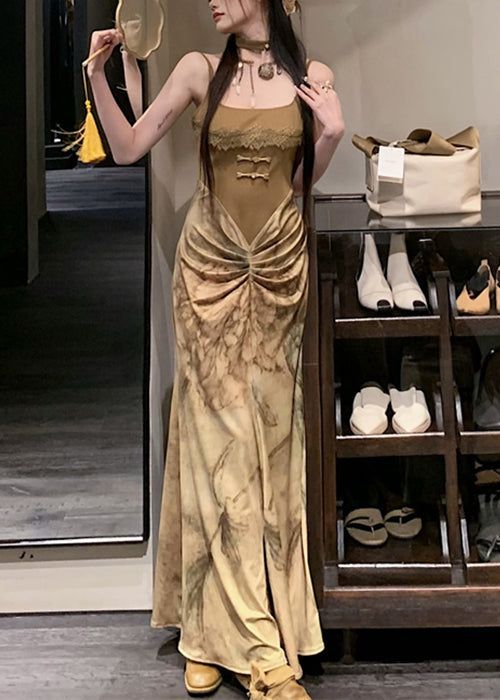 Novelty Olive Green Wrinkled Patchwork Cotton Spaghetti Strap DressSleeveless KK063 SH-LF-SDL240602