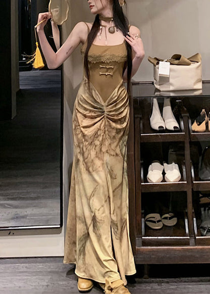 Novelty Olive Green Wrinkled Patchwork Cotton Spaghetti Strap DressSleeveless KK063 SH-LF-SDL240602