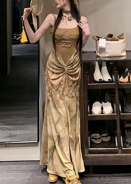 Novelty Olive Green Wrinkled Patchwork Cotton Spaghetti Strap DressSleeveless KK063 SH-LF-SDL240602