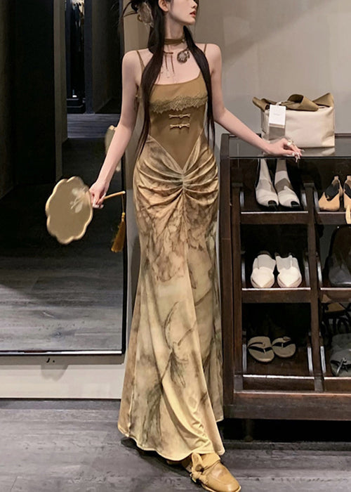 Novelty Olive Green Wrinkled Patchwork Cotton Spaghetti Strap DressSleeveless KK063 SH-LF-SDL240602