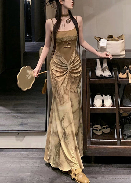 Novelty Olive Green Wrinkled Patchwork Cotton Spaghetti Strap DressSleeveless KK063 SH-LF-SDL240602