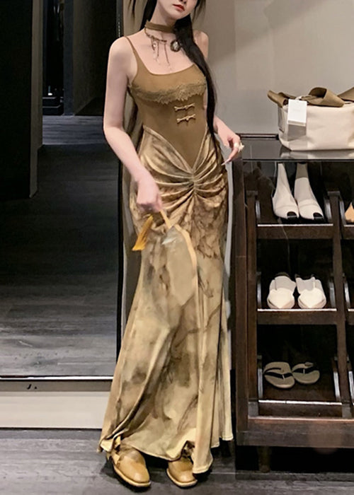 Novelty Olive Green Wrinkled Patchwork Cotton Spaghetti Strap DressSleeveless KK063 SH-LF-SDL240602