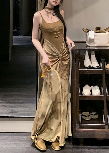 Novelty Olive Green Wrinkled Patchwork Cotton Spaghetti Strap DressSleeveless KK063 SH-LF-SDL240602