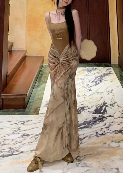 Novelty Olive Green Wrinkled Patchwork Cotton Spaghetti Strap DressSleeveless KK063 SH-LF-SDL240602