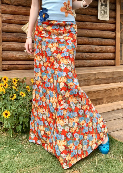 High Novelty Summer Print Skirts Orange Cotton Waist FashionChic