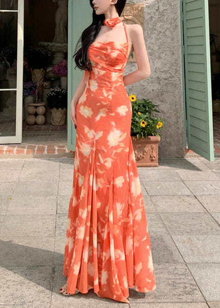 Sleeveless Orange Lace Up Dresses Novelty Print Long Chiffon FashionChic