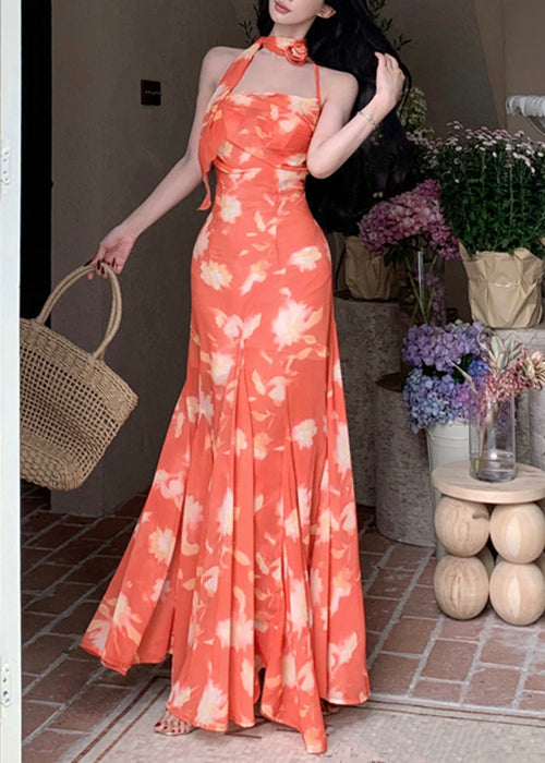 Sleeveless Orange Lace Up Dresses Novelty Print Long Chiffon FashionChic
