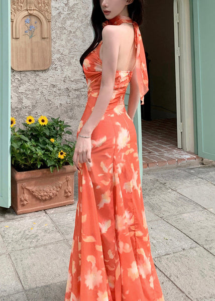Sleeveless Orange Lace Up Dresses Novelty Print Long Chiffon FashionChic