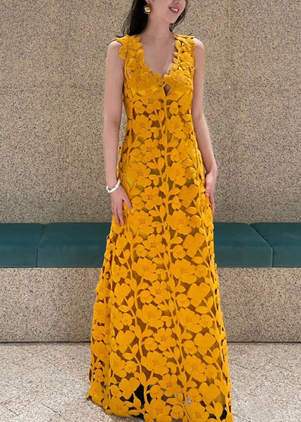 Novelty Orange V Neck Hollow Out Maxi Dresses Sleeveless OP1036 Ada Fashion