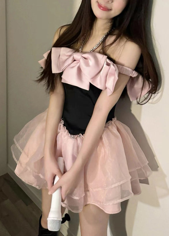 Novelty Pink Bow Zircon Tulle Patchwork Mid Dress Summer XX054 SH-LF-SDM240611