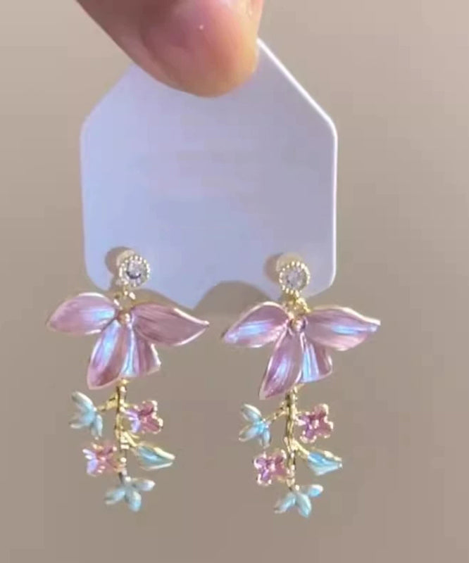 Zircon Novelty Tassel Drop Floral Pink Enamel Copper Earrings FashionChic