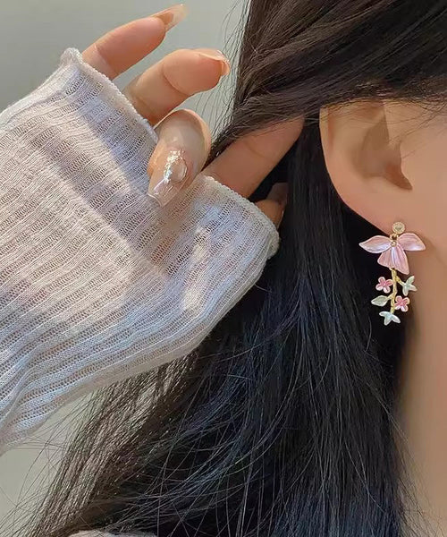 Zircon Novelty Tassel Drop Floral Pink Enamel Copper Earrings FashionChic