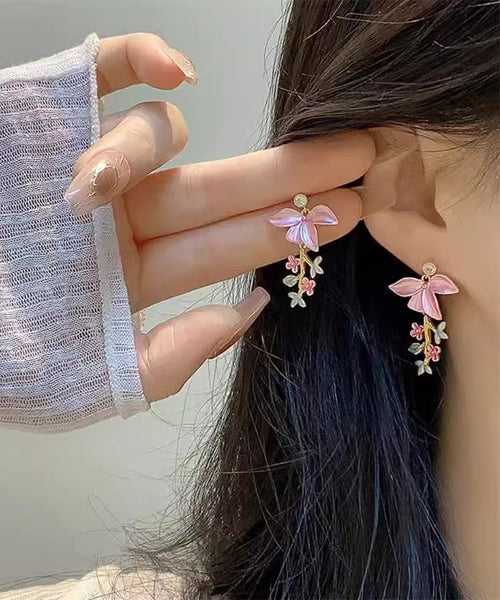 Zircon Novelty Tassel Drop Floral Pink Enamel Copper Earrings FashionChic