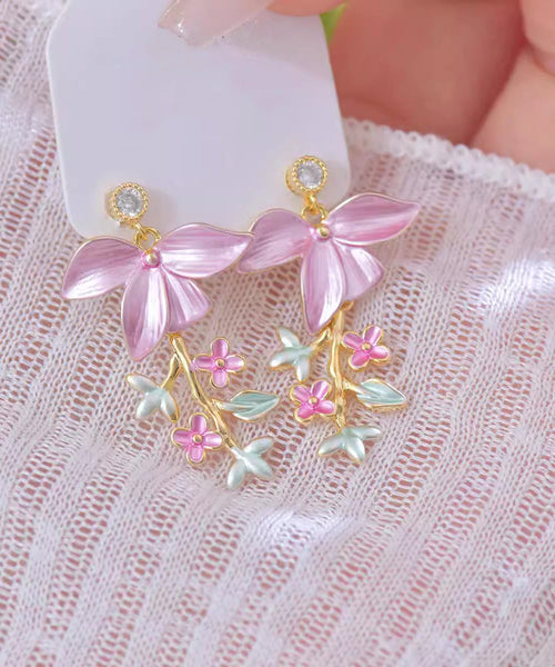 Zircon Novelty Tassel Drop Floral Pink Enamel Copper Earrings FashionChic