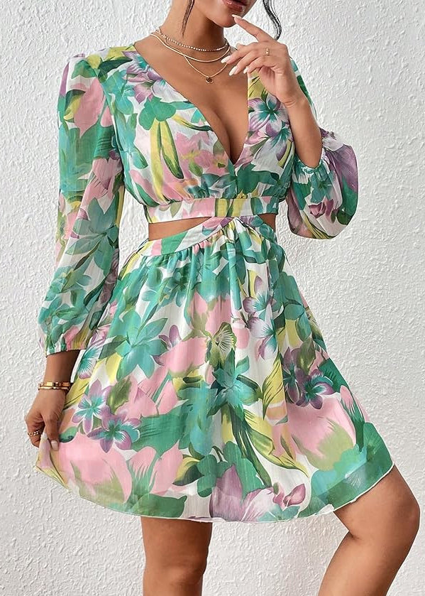 Novelty Pink Hollow Out Print Cotton Mid Dress Fall AU1021 OM-ZS240902