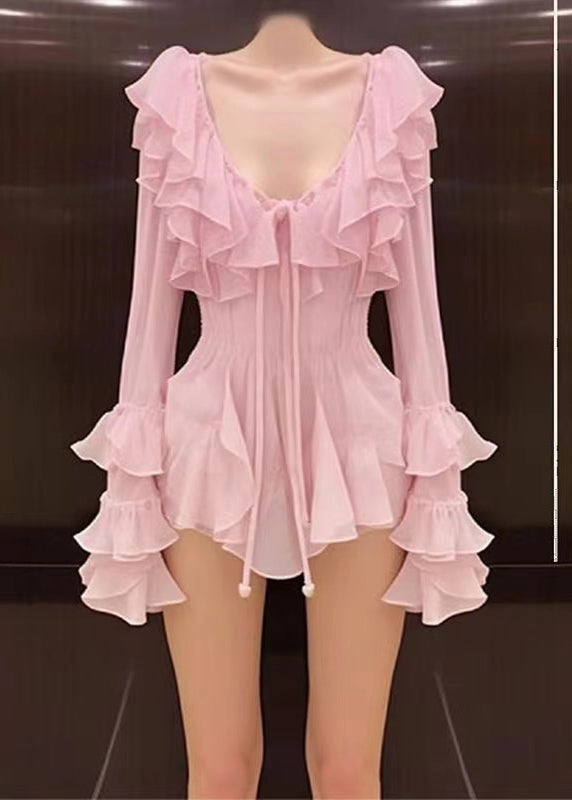 Novelty Pink Ruffled Lace Up Chiffon Mid Dress Long Sleeve EE1050 SH-LF-FDM240517