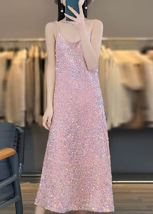 Novelty Pink V Neck Sequins Spaghetti Strap Dress Sleeveless AB1043 Genistyle Shop