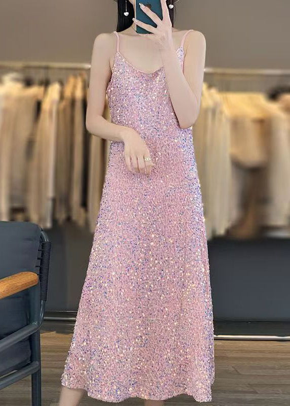 Novelty Pink V Neck Sequins Spaghetti Strap Dress Sleeveless AB1043 Genistyle Shop