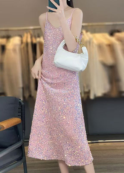 Novelty Pink V Neck Sequins Spaghetti Strap Dress Sleeveless AB1043 Genistyle Shop