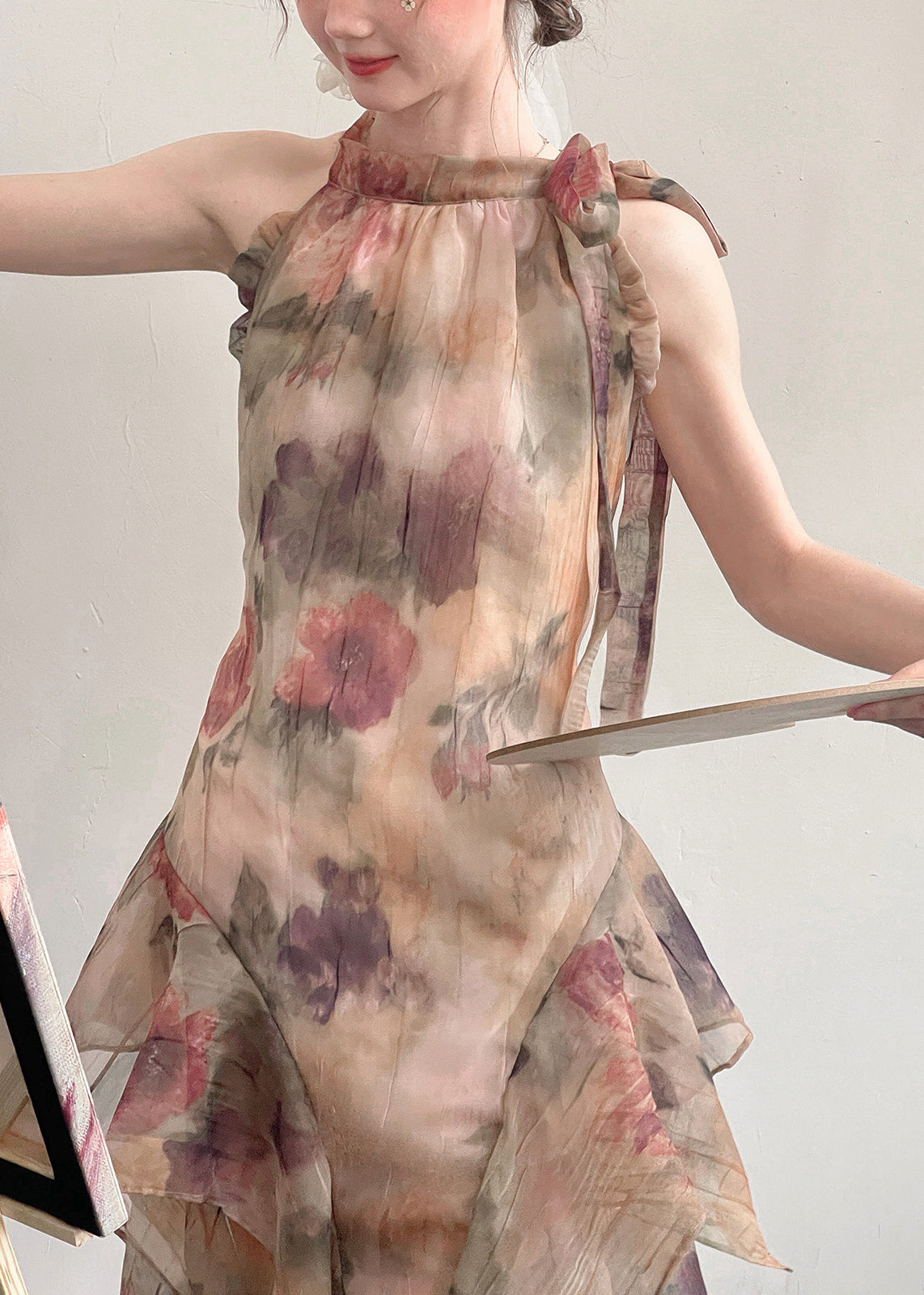 Novelty Print Ruffled Lace Up Cotton Long Dresses Sleeveless EE1054 SH-LF-SDL240517