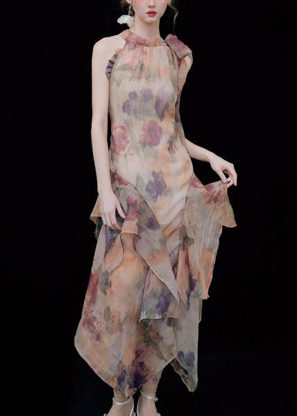 Novelty Print Ruffled Lace Up Cotton Long Dresses Sleeveless EE1054 SH-LF-SDL240517