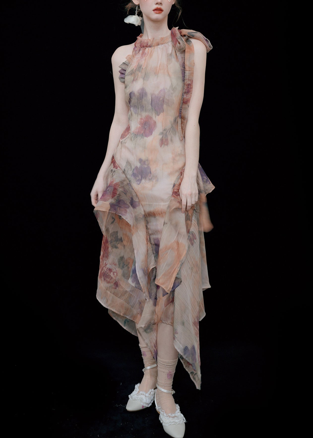 Novelty Print Ruffled Lace Up Cotton Long Dresses Sleeveless EE1054 SH-LF-SDL240517