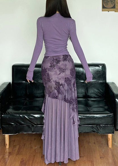 Novelty Purple Lace Up Tulle Patchwork Tops And Skirts Two-Piece Set Spring YT006 ABC