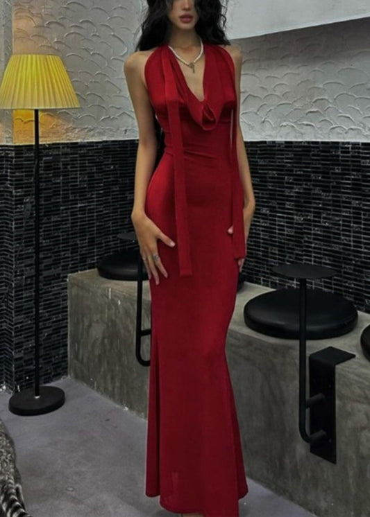 Novelty Red Halter Tie Waist Long Dresses Summer YJ002 ABC