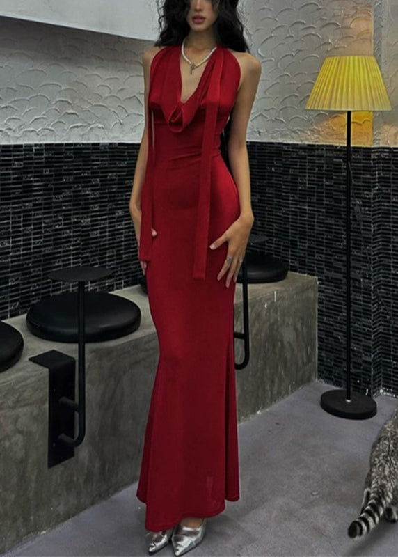 Novelty Red Halter Tie Waist Long Dresses Summer YJ002 ABC