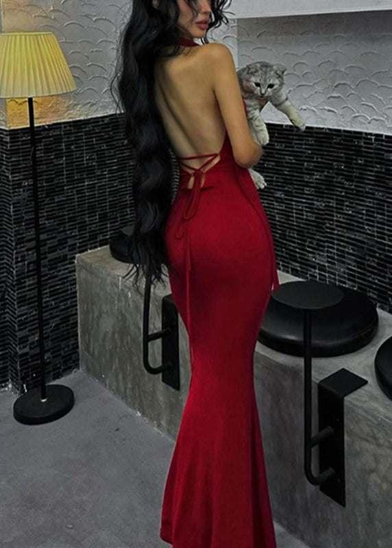 Novelty Red Halter Tie Waist Long Dresses Summer YJ002 ABC