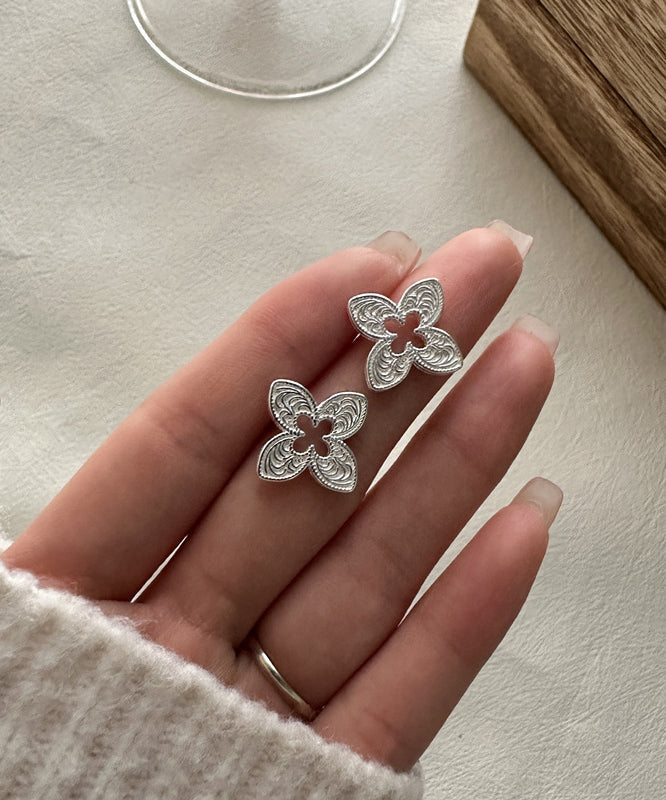 Hollow Stud Silk Leaf Out Sterling Novelty Clover Silver Four FashionChic