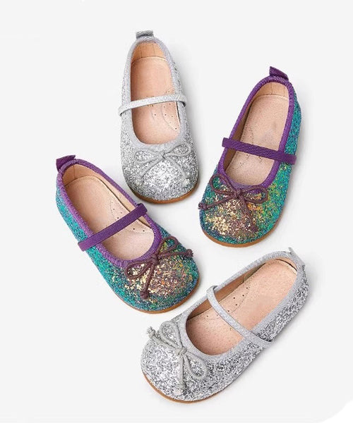 Silvery Flats Kids Sequins Leather Novelty Strap Faux Buckle FashionChic