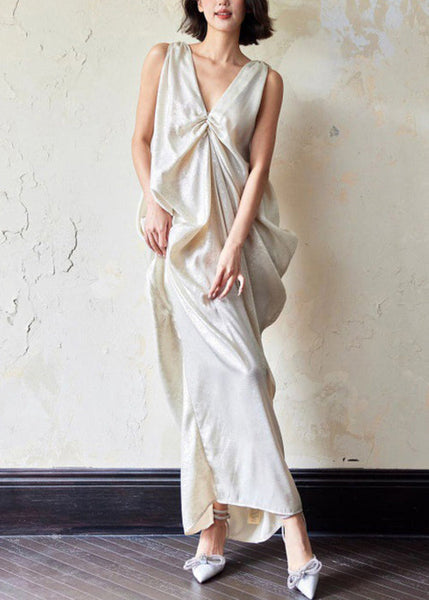 Novelty Dress Sleeveless Maxi Neck Pockets Wrinkled Cotton V FashionChic