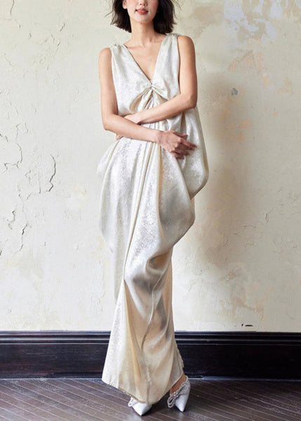 Novelty Dress Sleeveless Maxi Neck Pockets Wrinkled Cotton V FashionChic